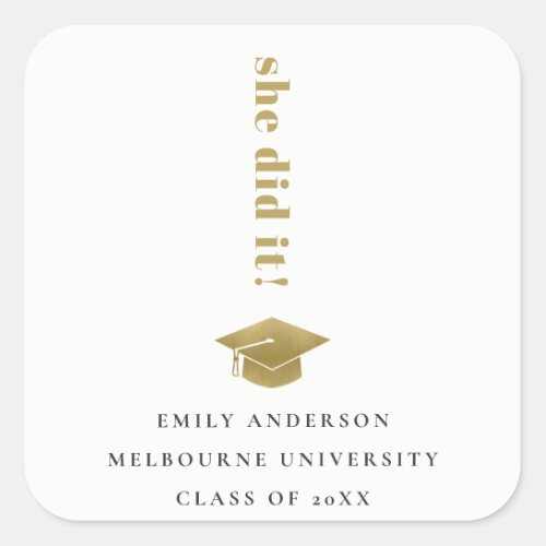 Elegant Minimal Gold Typography Graduation Cap Square Sticker