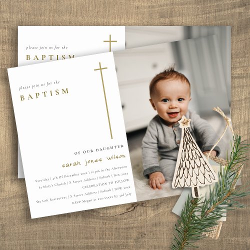 Elegant Minimal Gold Typography Photo Baptism Invitation
