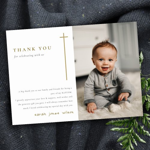 Elegant Minimal Gold Typography Photo Baptism Thank You Card