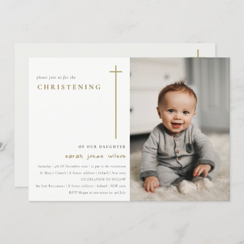 Elegant Minimal Gold Typography Photo Christening Invitation