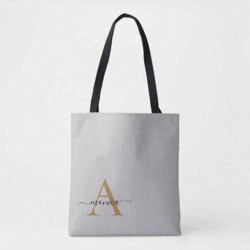 Elegant Minimal Gray Gold Monogram Name Tote Bag