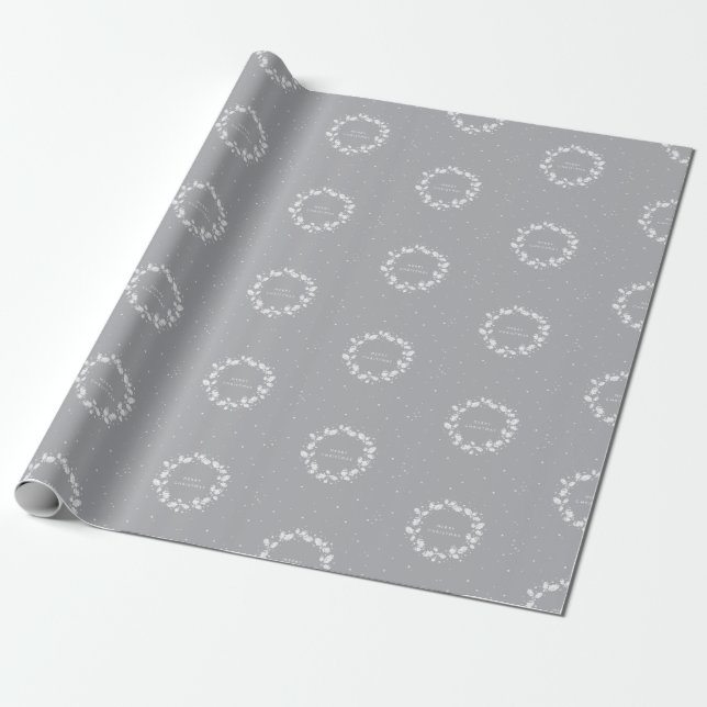 Elegant Minimal Gray Merry Christmas Holly Wreath Wrapping Paper (Unrolled)