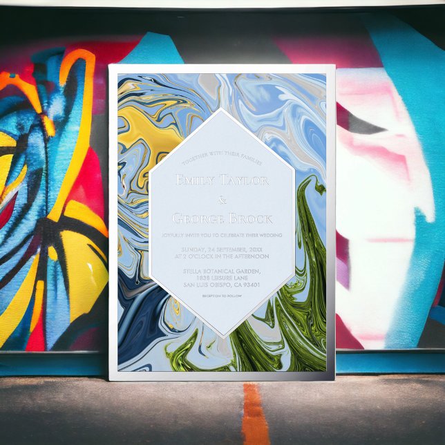 Elegant Minimal Green Blue Abstract Wedding Silver Foil Invitation (Creator Uploaded)