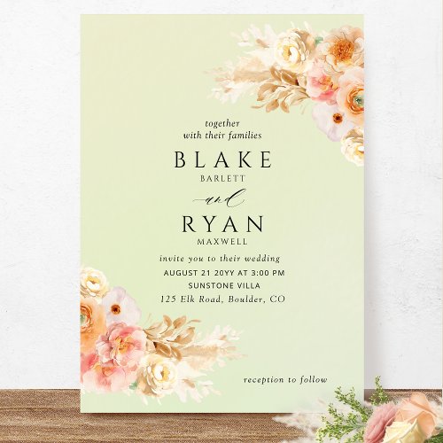 Elegant Minimal Green Peach Blush Cream Wedding Invitation