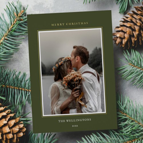 Elegant Minimal Green Photo Frame Christmas Foil Holiday Card