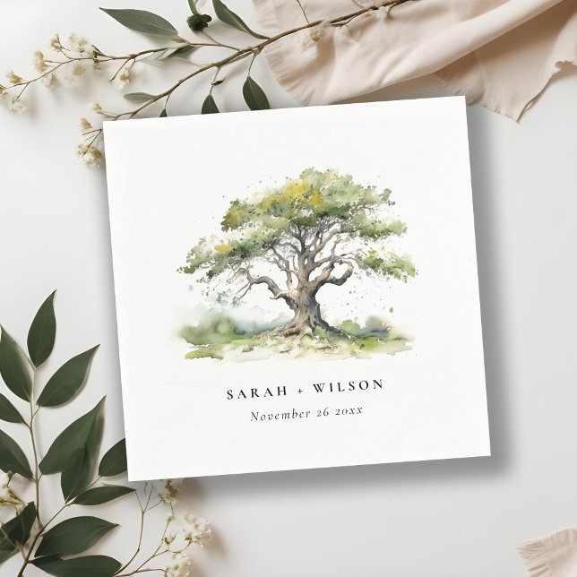 Elegant Minimal Green Watercolor Oak Tree Wedding Napkins (Creator Uploaded)