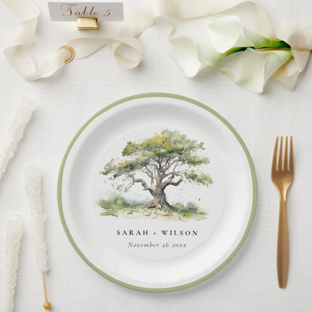 Elegant Minimal Green Watercolor Oak Tree Wedding Paper Plates (Wedding)