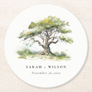 Elegant Minimal Green Watercolor Oak Tree Wedding Round Paper Coaster