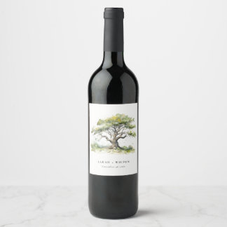 Elegant Minimal Green Watercolor Oak Tree Wedding Wine Label