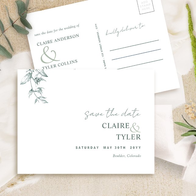 Elegant Minimal, Green Wedding Save The Date Postcard (Creator Uploaded)