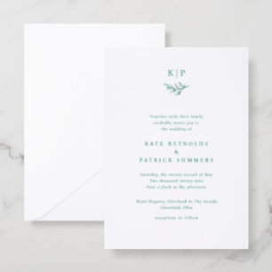 Elegant Minimal Greenery Monogram Wedding Letterpress Invitation