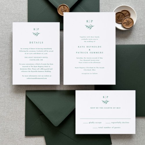 Elegant Minimal Greenery Monogram Wedding Letterpress RSVP Cards