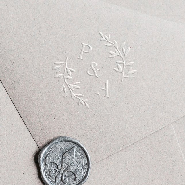 Elegant Minimal Greenery Wedding Monogram Embosser (An Elegant Couples Wedding Monogram with Laurel Greenery Leaves Embosser.)