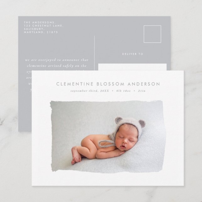 Elegant minimal grey birth announcement photo postcard (Front/Back)