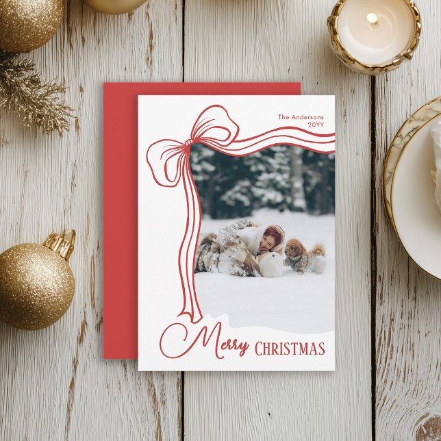Elegant Minimal Hand Drawn Red Bow Christmas  Holiday Card (Creator Uploaded)
