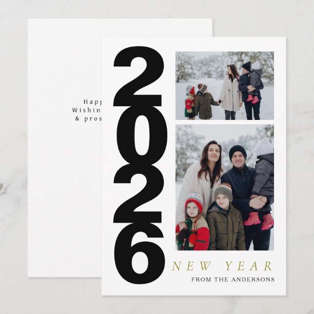 Elegant Minimal Happy New Year Family 2 Photo Holiday Card (Front/Back)