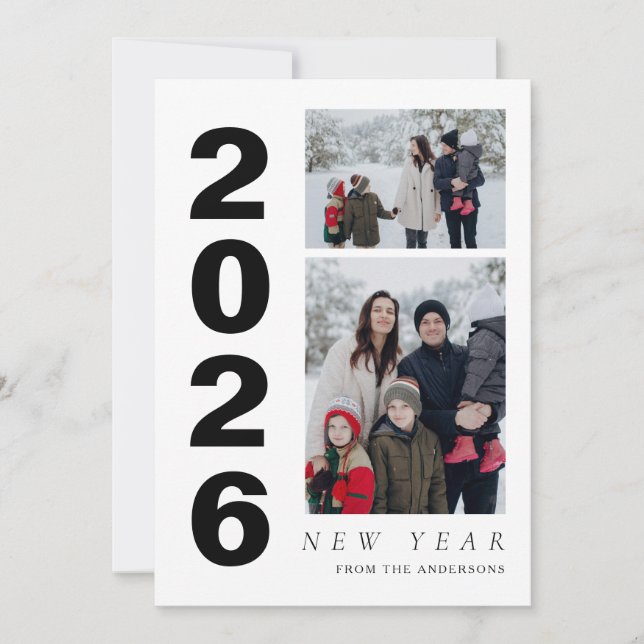 Elegant Minimal Happy New Year Family 2 Photo Holiday Card (Front)
