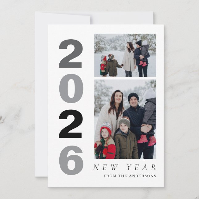 Elegant Minimal Happy New Year Family 2 Photo Holiday Card (Front)