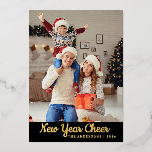 Elegant Minimal Happy New Year Family Photo Foil Holiday Card