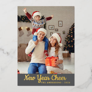 Elegant Minimal Happy New Year Family Photo Foil Holiday Card
