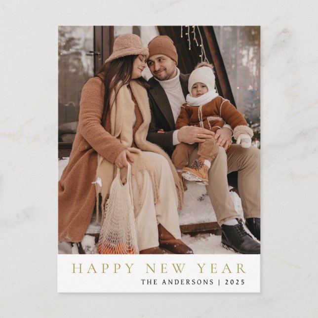 Elegant Minimal Happy New Year Family Photo Holiday Postcard (Front)