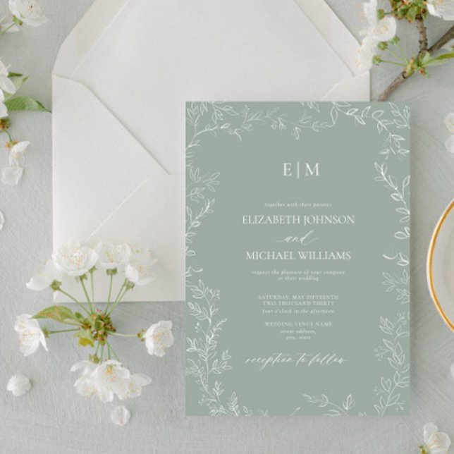 Elegant Minimal Leaf Sage Green Monogram Wedding Invitation (Creator Uploaded)
