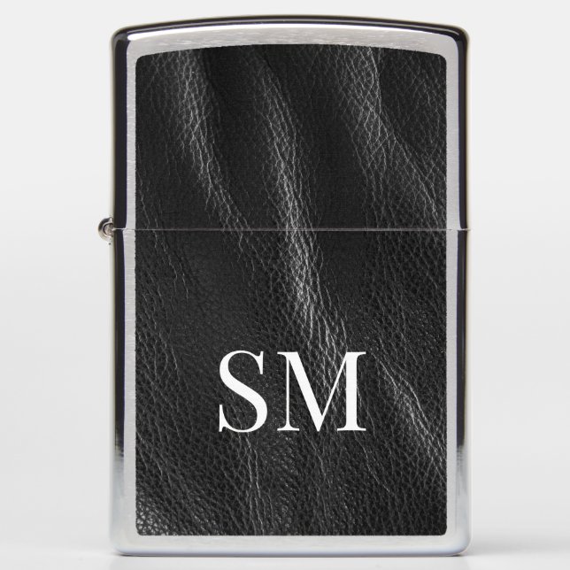 Elegant Minimal Leather Monogram Initials Zippo Lighter (Front)
