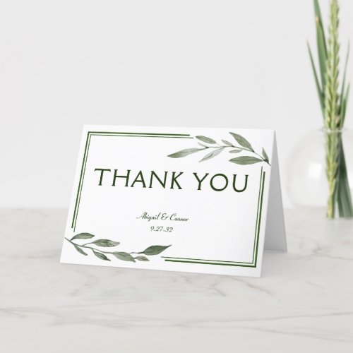 Elegant Minimal Leaves Frame Green Olive Hunter Thank You Card