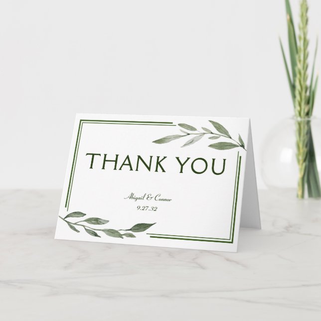 Elegant Minimal Leaves Frame Green Olive Hunter Thank You Card (Front)