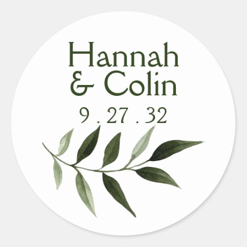 Elegant Minimal Leaves Frame Green Olive Names Classic Round Sticker