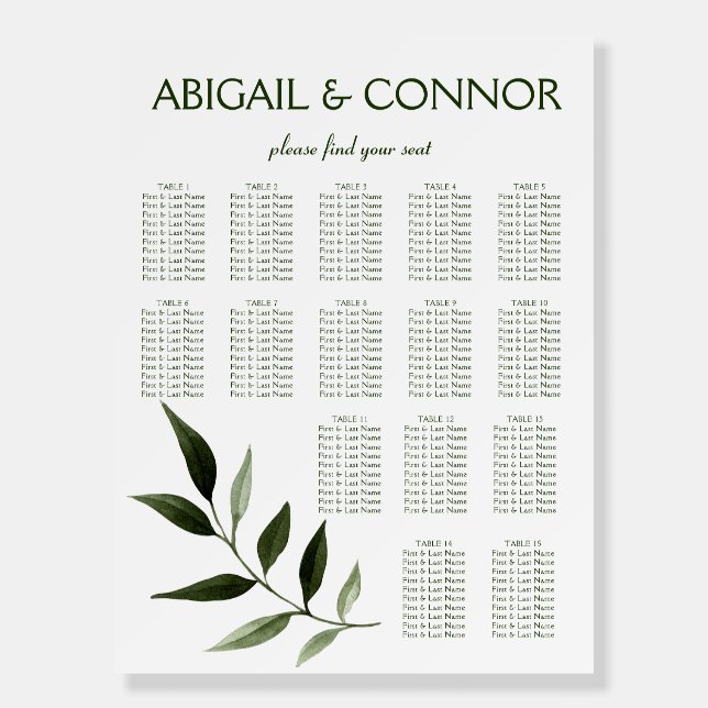 Elegant Minimal Leaves Frame Green Seating Chart Foam Board (Front)