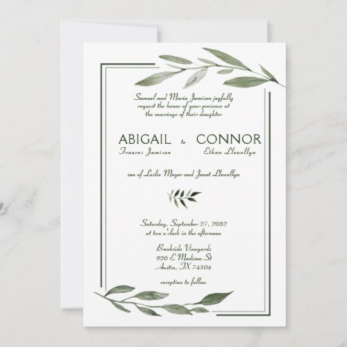 Elegant Minimal Leaves Frame Green Wedding Invitation