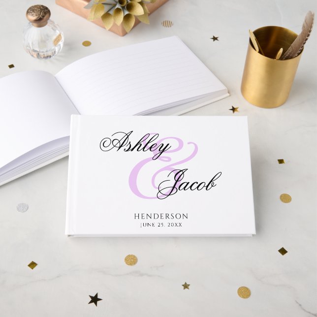 Elegant Minimal Light Purple Custom Name Wedding Guest Book (Front Open)