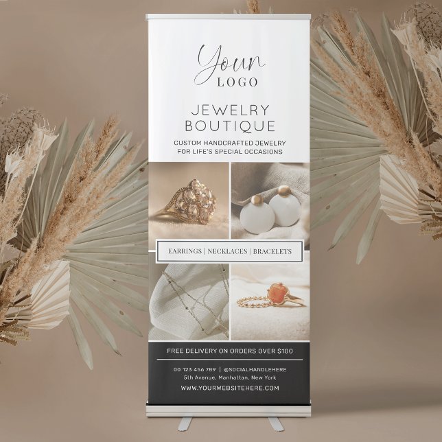 Elegant Minimal Logo Jewelry Boutique Photo Promo Retractable Banner (Elegant modern boutique retractable banner with photo collage, space for your logo and custom text)