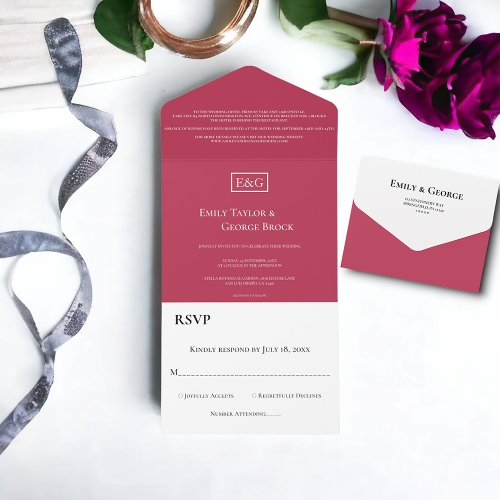 Elegant Minimal Magenta Monogram Modern Wedding All In One Invitation