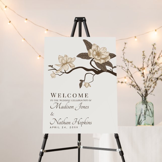 Elegant Minimal Magnolia Wedding Welcome Sign (In Situ (Stand))