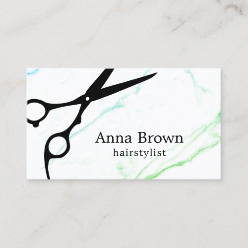 Elegant minimal marble scissors hairstylist business card