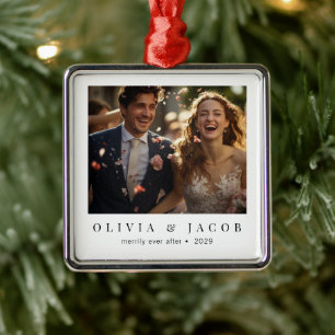 Elegant Minimal Merrily Ever After Newlywed Metal Ornament