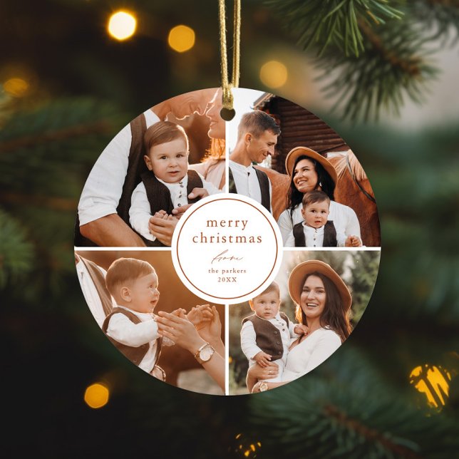 Elegant Minimal Merry Christmas Photo Collage Metal Ornament (Simple elegant modern merry christmas photo collage christmas tree ornament.)