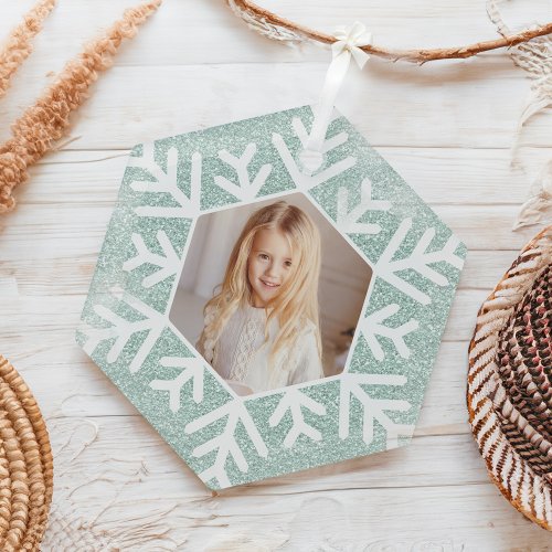 Elegant Minimal Mint Blue Glitter Snowflake Photo Glass Ornament