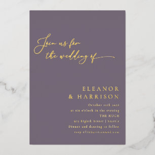 Elegant Minimal Modern Purple Script Wedding Gold Foil Invitation