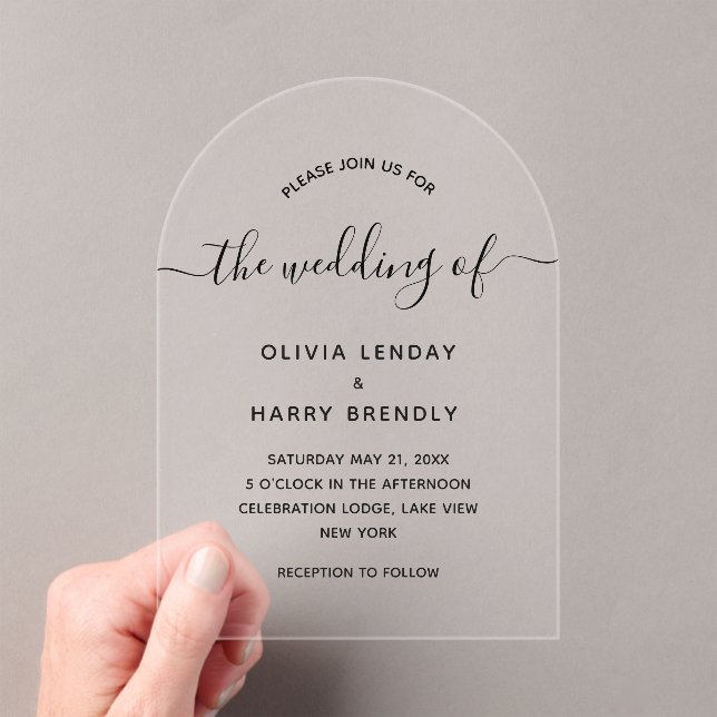 Elegant Minimal Modern Script Wedding Acrylic Invitations (Insitu (Handheld))