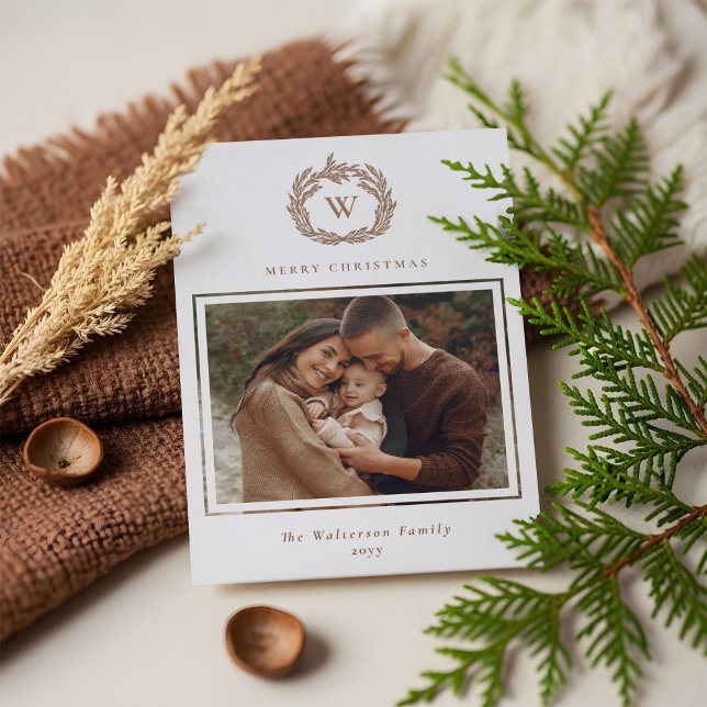 Elegant Minimal Monogram Christmas Wreath Photo Letterpress Photo Cards (Elegant Minimal Monogram Christmas Wreath Photo Letterpress Photo Cards)