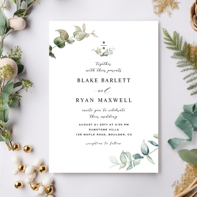 Elegant Minimal Monogram Greenery Wedding Invitation (Creator Uploaded)