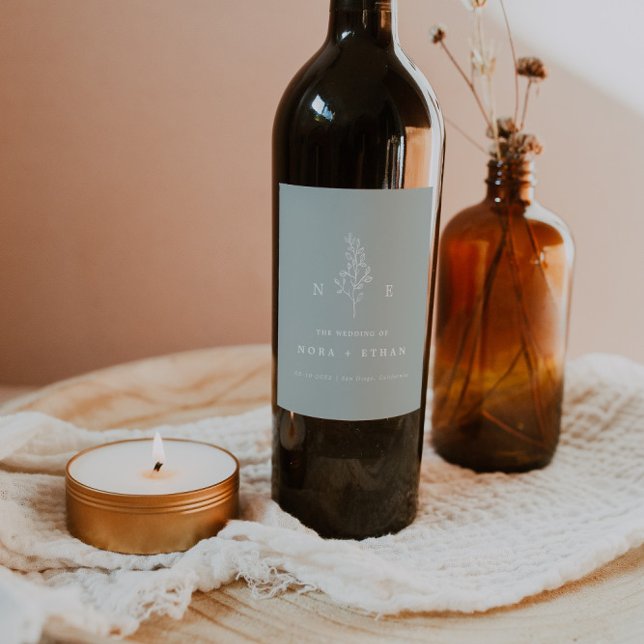 Elegant Minimal Monogram Leaf Sage Wedding  Wine Label (Creator Uploaded)