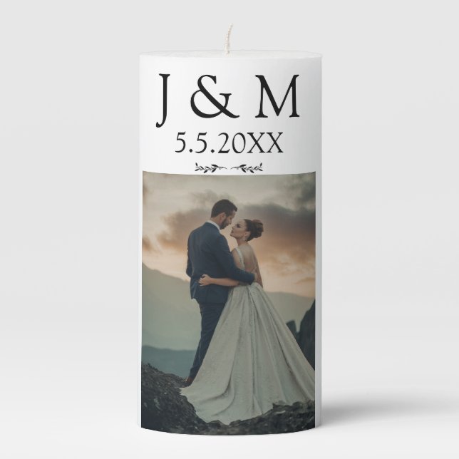 elegant minimal monogram wedding photo pillar candle (Front)