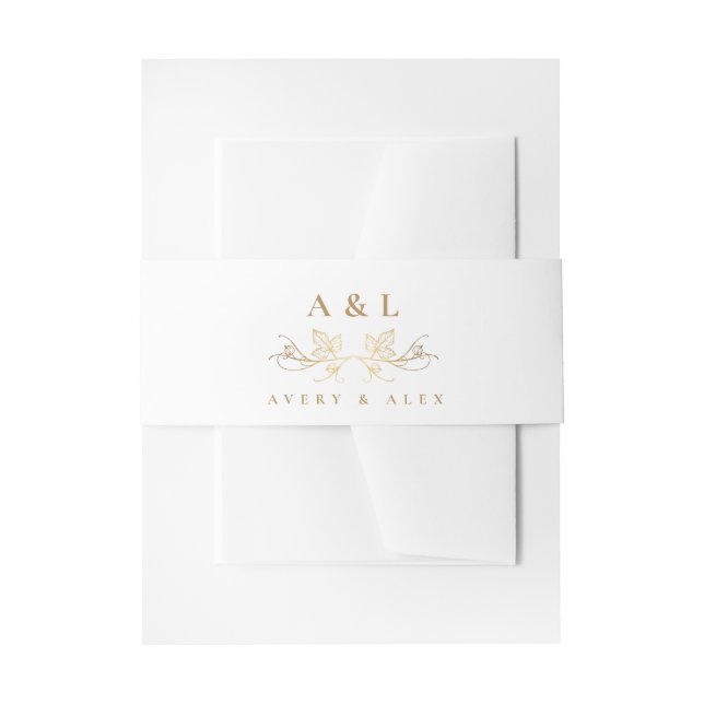 Elegant Minimal Monogram White Gold Wedding Crest Invitation Belly Band (Front Example)