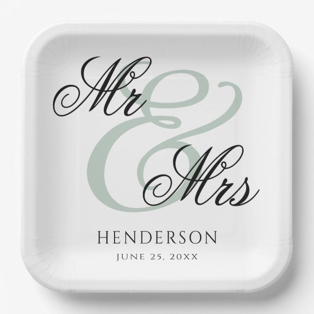 Elegant Minimal Mr and Mrs. Wedding Paper Plates (Front)