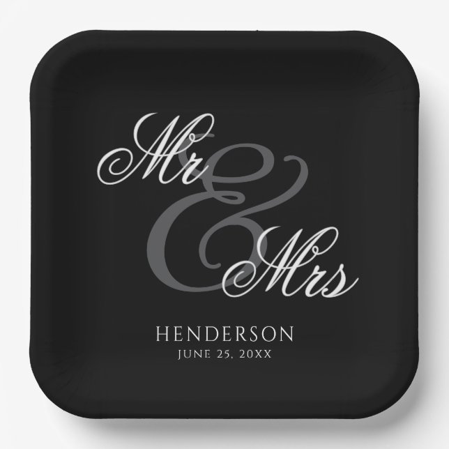 Elegant Minimal Mr and Mrs. Wedding Paper Plates (Front)