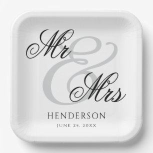 Elegant Minimal Mr and Mrs. Wedding Paper Plates